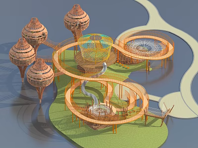Modern Children's Playground With Circular Structures Towers Slide And Green Lawn 3d model