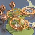 Modern Children's Playground With Circular Structures Towers Slide And Green Lawn