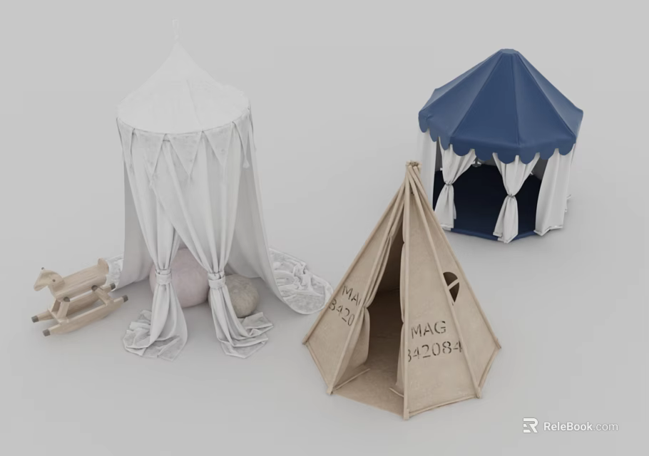Colorful Kids Tents Featuring White Canopy Blue Top Beige Magic Pavilion and Wooden Rocking Horse 3d model 