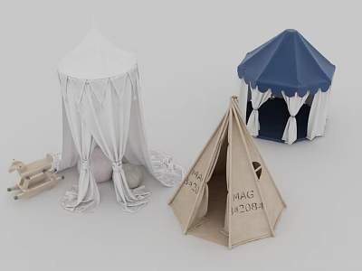 Colorful Kids Tents Featuring White Canopy Blue Top Beige Magic Pavilion and Wooden Rocking Horse 3d model