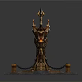 Ornate Tower Like Structure With Flame Decorations And Chain Linked Pillars On Stone Platform 3d model