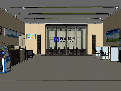 Future Bank Interior With Service Counter Seating Area And Digital Screens 3d model