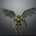 Mythical Armored Warrior With Large Green Wings And Gold Armor Holding Sword And Shield