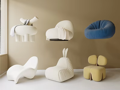 Creative Single Sofa Designs in White Beige Blue and Yellow with Unique Shapes 3d model