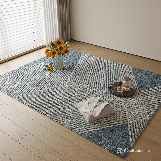 Blue White Square Rug With Striped Pattern Sunflower Vase Tray And Magazine On Wood Floor 3d model 