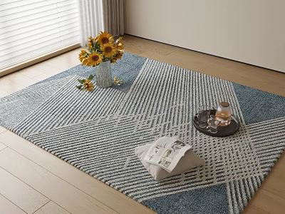 Blue White Square Rug With Striped Pattern Sunflower Vase Tray And Magazine On Wood Floor 3d model