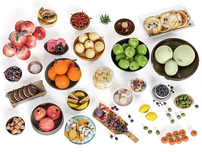 Colorful Fresh Assorted Food With Fruits Vegetables Nuts And Snacks On Bowls And Plates 3d model