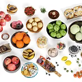 Colorful Fresh Assorted Food With Fruits Vegetables Nuts And Snacks On Bowls And Plates