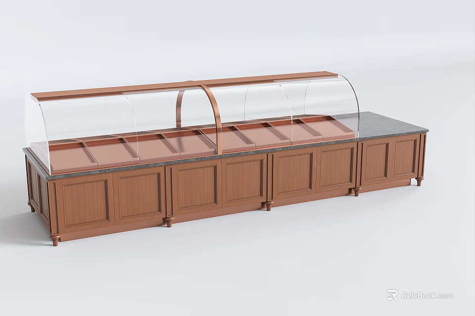 Retail Display Shelf with Wooden Cabinet Transparent Curved Glass Cover and Black Countertop 3d model 