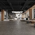 Spacious Interior With Industrial Ceiling Wooden Columns Glass Partitions And Sofa Seating Area