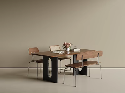 Modern Minimalist Dining Table And Chair Set With Wooden Top Metal Legs And Flower Vase 3d model