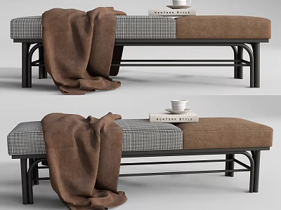 Stylish Checkered Fabric Bench With Brown Blanket Books And Black Metal Legs 3d model