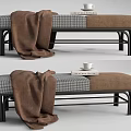 Stylish Checkered Fabric Bench With Brown Blanket Books And Black Metal Legs