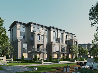 Modern Townhouse Exterior With Multi story Design Large Windows And Greenery Lawn Outdoor Seating Area 3d model
