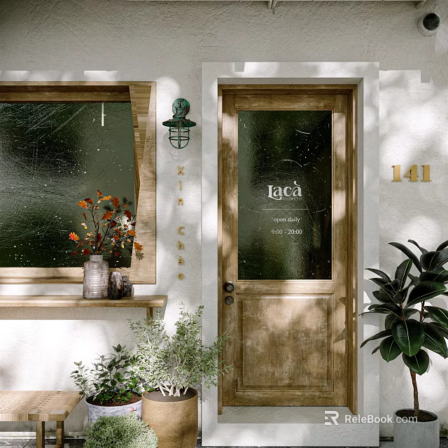 Cozy Storefront With Wooden Door Laca Sign Window Wall Lamp Green Plants And Decorative Flowers 3d model 