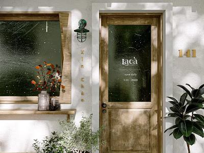 Cozy Storefront With Wooden Door Laca Sign Window Wall Lamp Green Plants And Decorative Flowers 3d model