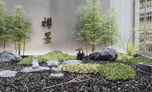 New Chinese style landscape sketch Zen style courtyard landscape sketch dry landscape stone flowing water sketch bryophytes bamboo 3d model