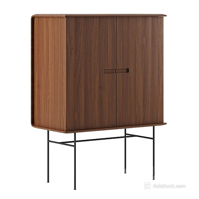 Modern Entryway Console Cabinet with Walnut Wood Double Doors and Metal Legs Design 3d model 