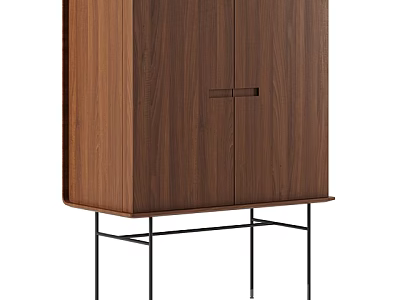 Modern Entryway Console Cabinet with Walnut Wood Double Doors and Metal Legs Design 3d model