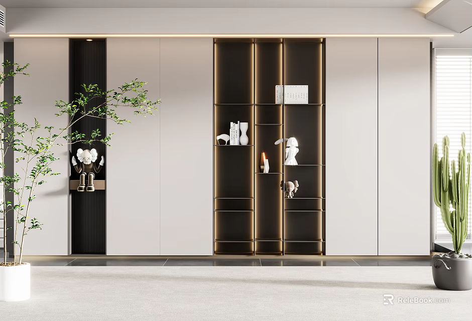 Modern Luxury Wardrobe with Gold Frame Glass Doors White Cabinetry and Green Plant Decorative Items 3d model 