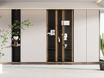 Modern Luxury Wardrobe with Gold Frame Glass Doors White Cabinetry and Green Plant Decorative Items 3d model