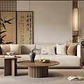 Modern Chinese Living Dining Room Interior With Bamboo Screen Calligraphy And Chandelier