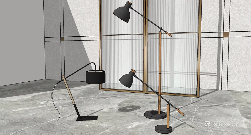 Modern Living Room Interior With Stylish Black Wooden Floor Lamps And Glass Window Panes 3d model 