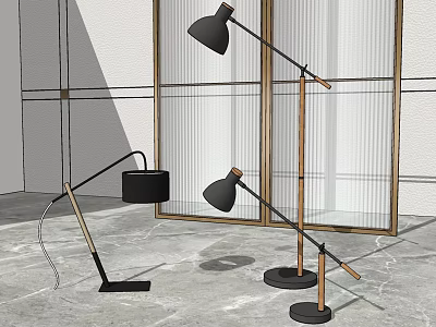 Modern Living Room Interior With Stylish Black Wooden Floor Lamps And Glass Window Panes 3d model