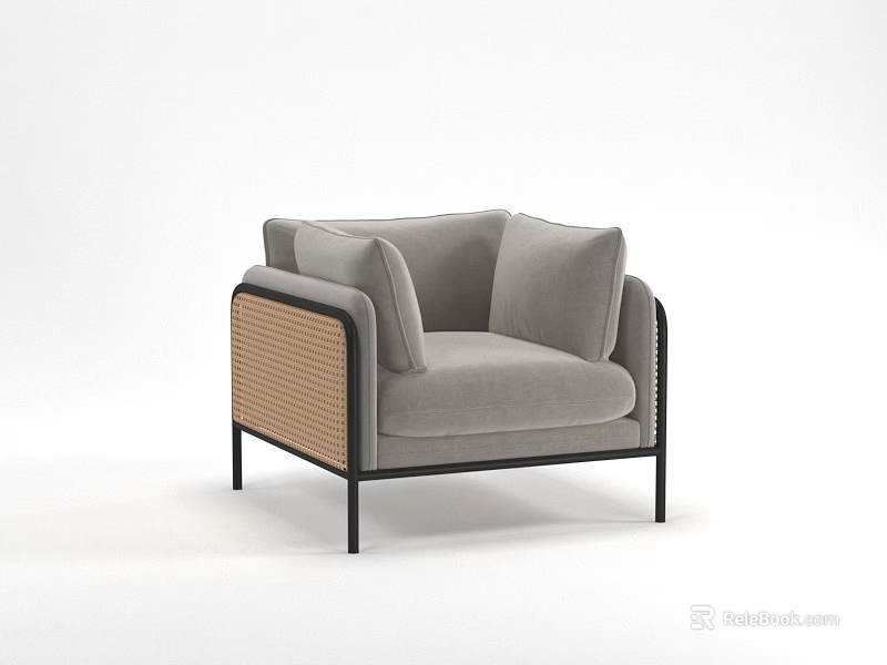Modern Single Sofa With Gray Upholstery Woven Armrest And Black Frame 3d model
