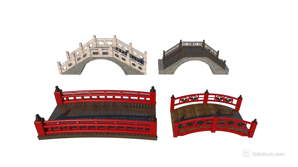 Traditional Chinese Style Landscape Bridges With Wooden Railings And Various Designs 3d model 