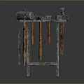 Ancient Metal Weapon Device With Hanging Metal Bars And Rusty Metal Frame Structure