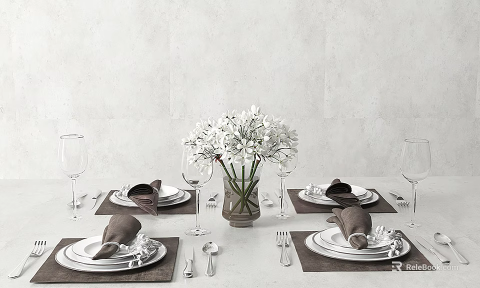 Modern Elegant Tableware Set with Plates Napkins Wine Glasses White Flowers Vase on Gray Tablecloth 3d model 