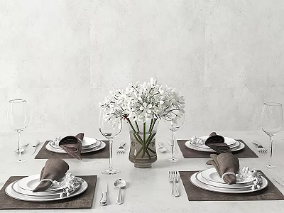 Modern Elegant Tableware Set with Plates Napkins Wine Glasses White Flowers Vase on Gray Tablecloth 3d model