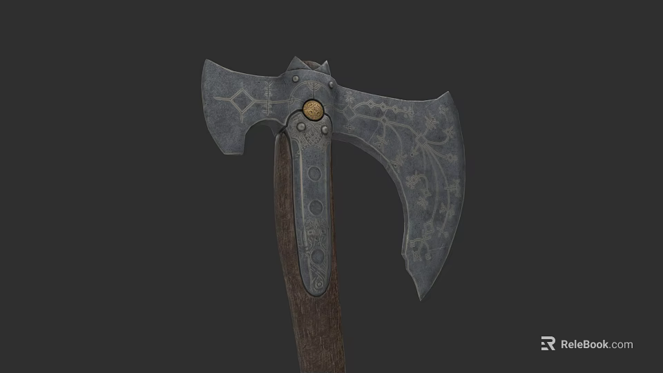 Decorative Battle Axe Featuring Engraved Metal Head Golden Circular Accent and Wooden Handle Design 3d model 