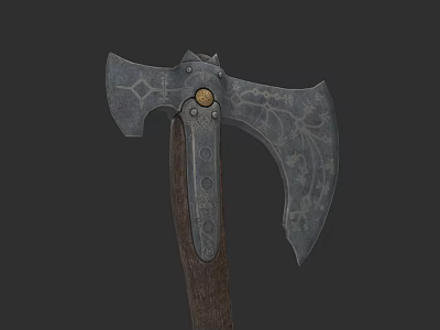 Decorative Battle Axe Featuring Engraved Metal Head Golden Circular Accent and Wooden Handle Design 3d model