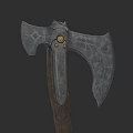 Decorative Battle Axe Featuring Engraved Metal Head Golden Circular Accent and Wooden Handle Design