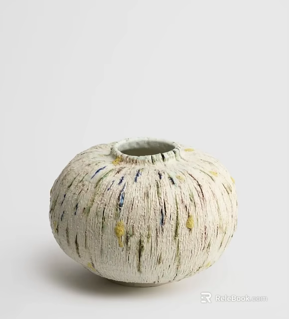 Round Cream Colored Ceramic Vessel With Textured Surface And Yellow Blue Accents 3d model 