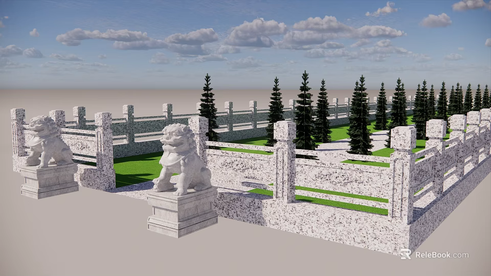 Traditional Garden Landscape Featuring Stone Lions Railings And Pine Trees On Green Lawn 3d model 