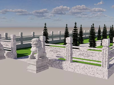 Traditional Garden Landscape Featuring Stone Lions Railings And Pine Trees On Green Lawn 3d model