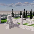 Traditional Garden Landscape Featuring Stone Lions Railings And Pine Trees On Green Lawn