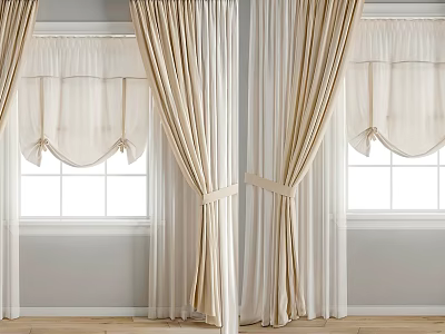 Beige Curtains With Valance And Tiebacks For White Window Light Grey Wall Home Decor 3d model