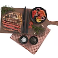 Juicy Sliced Steak on Wooden Cutting Board with Knife Fork Fresh Vegetables Salt Pepper Rosemary