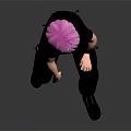 Pink Haired Character Sitting On Blue Cylinder In Black Outfit Against Dark Background
