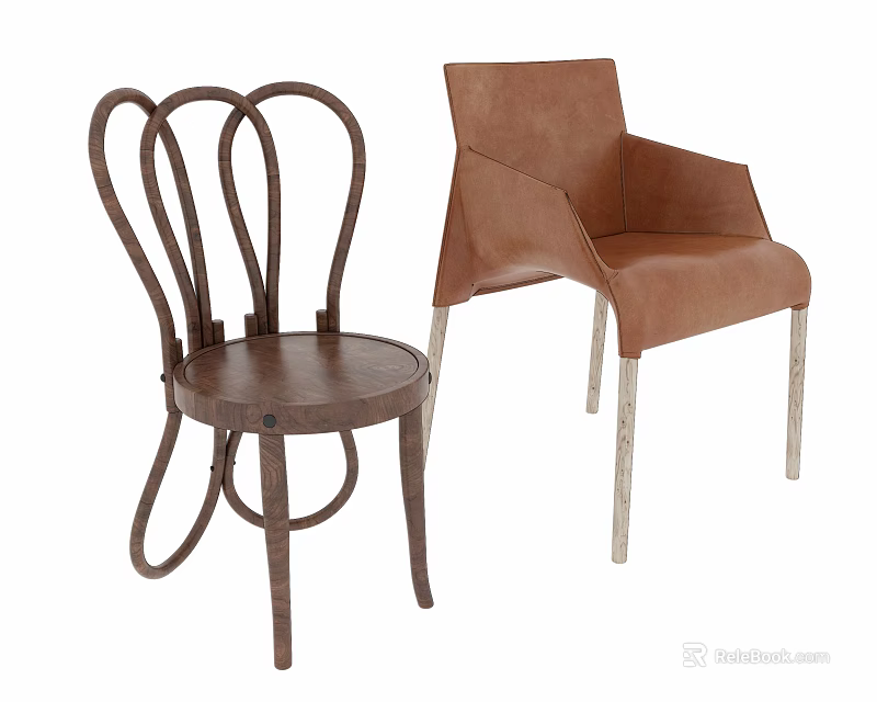 Modern And Classic Accent Chairs With Wooden Curved Structure And Leather Armrest Design 3d model 
