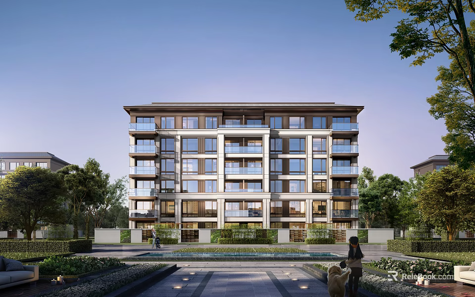 Modern Residential Building With Multiple Balconies Lush Green Surroundings And Courtyard Entrance 3d model 