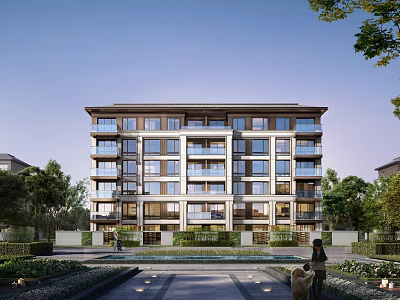 Modern Residential Building With Multiple Balconies Lush Green Surroundings And Courtyard Entrance 3d model