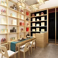 Traditional Chinese Style Store Interior With Circular Window Wall Decorations Potted Plants And Tea Sets