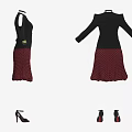 Elegant Black Blazer With Red Polka Dot Skirt And Black High Heels Ensemble