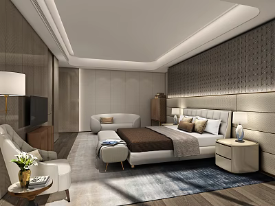 Cozy Modern Hotel Room Interior With Comfortable Bed Sofa TV And Wooden Walls 3d model