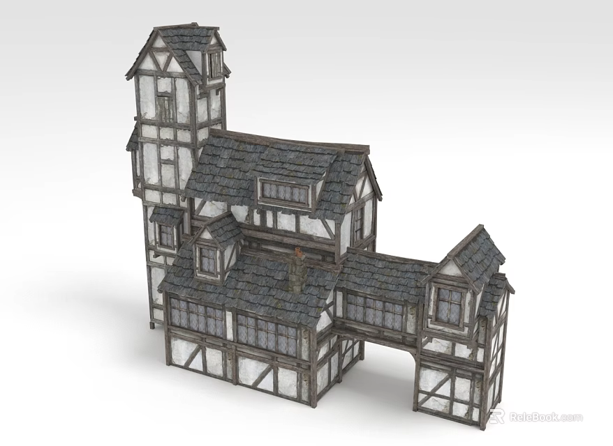 Traditional Timber Frame Building With Tower Multiple Roofs And Arched Entrance 3d model 